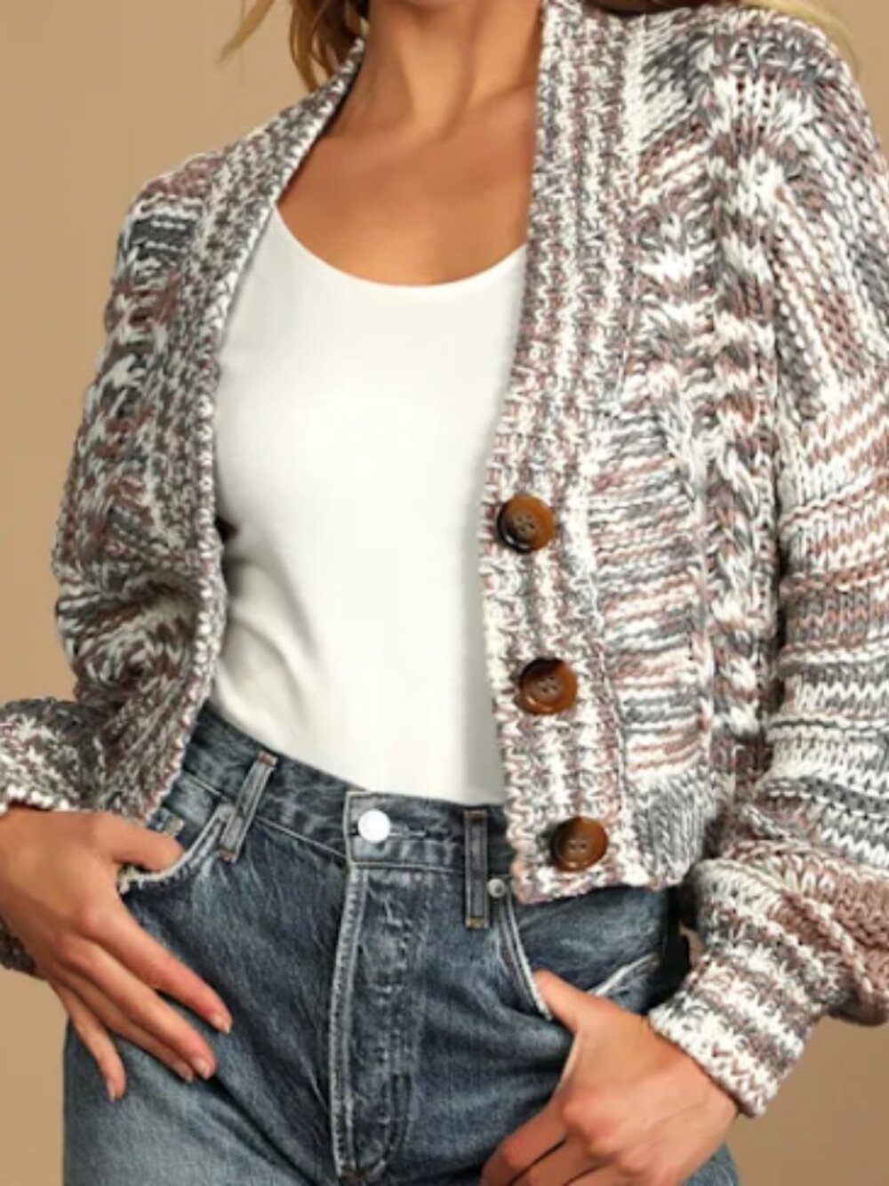 Lulus Winter Whims Light Brown Multi Knit Cardigan Sweater - Size M
